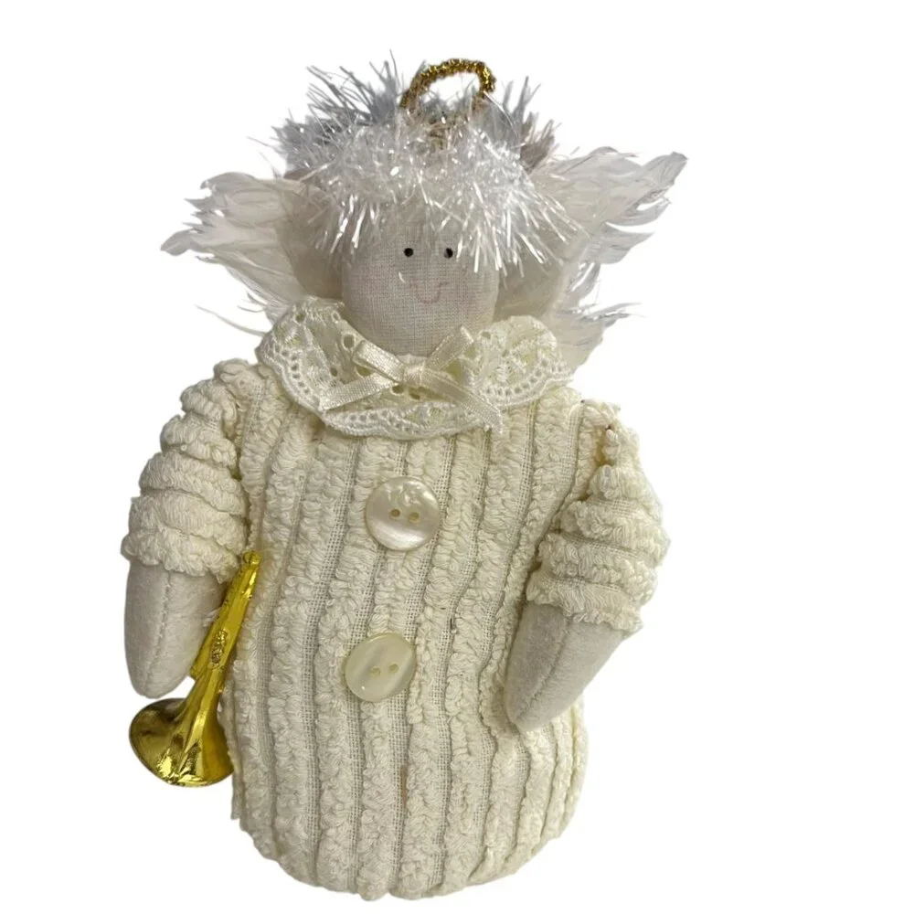 Handcrafted Chenille Angel Weighted Shelf Sitter With‎ Trumpet